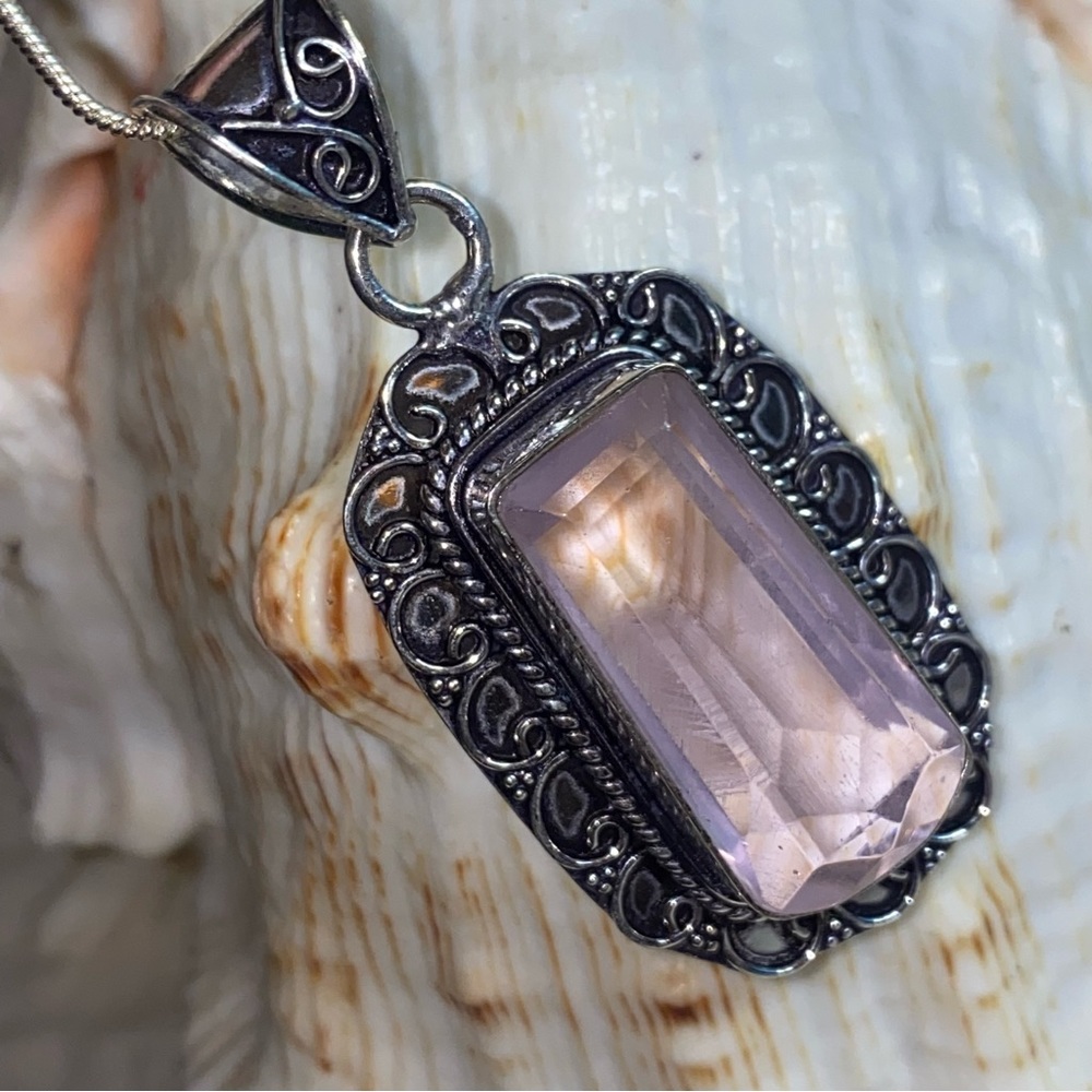 Sale - Pink Quartz Handcrafted Princess cut pendant